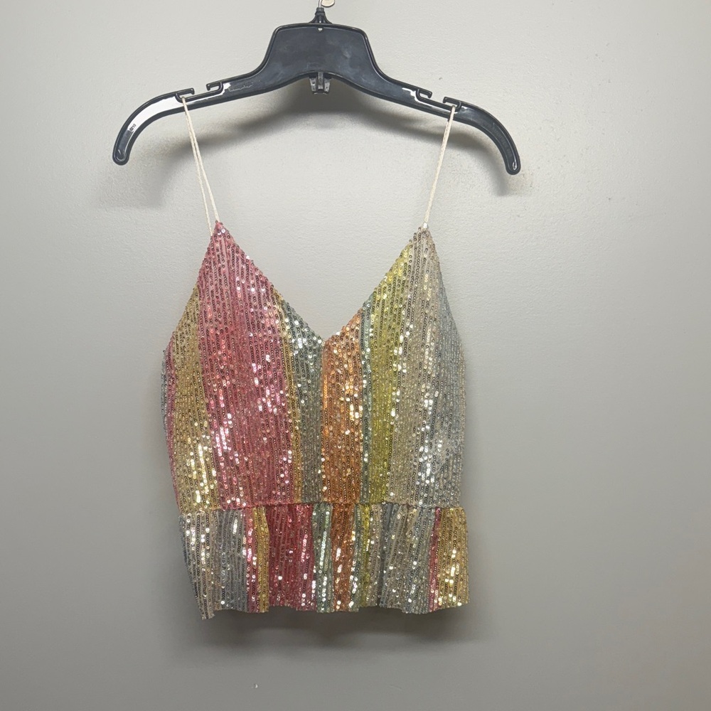 Rainbow Sequin Flared Crop Top SIZE S